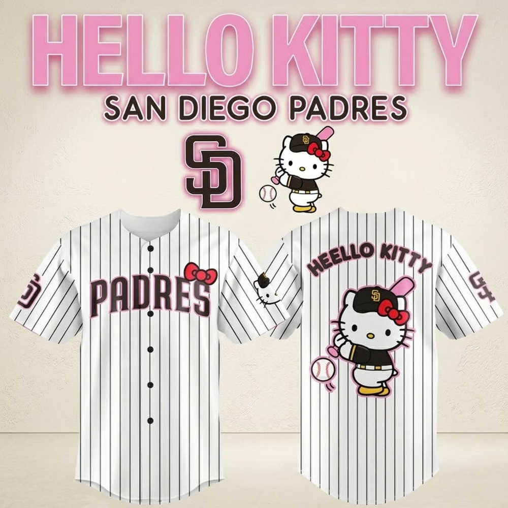 Custom Name - Padres x Hello Kitty Night 2026 Black Stripes Baseball Jersey - All Size