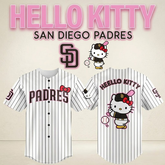 Custom Name - Padres x Hello Kitty Night 2026 Black Stripes Baseball Jersey - All Size