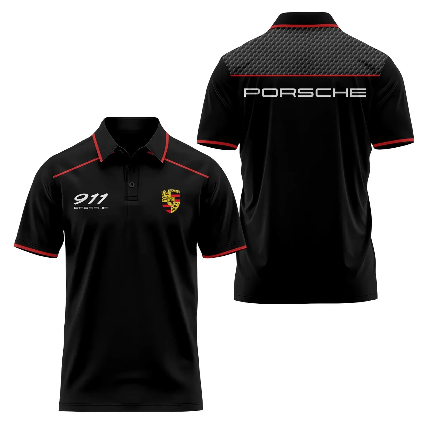 Custom Name - Porsche 911 Racing Black Red 3D Polo Shirt - All Size
