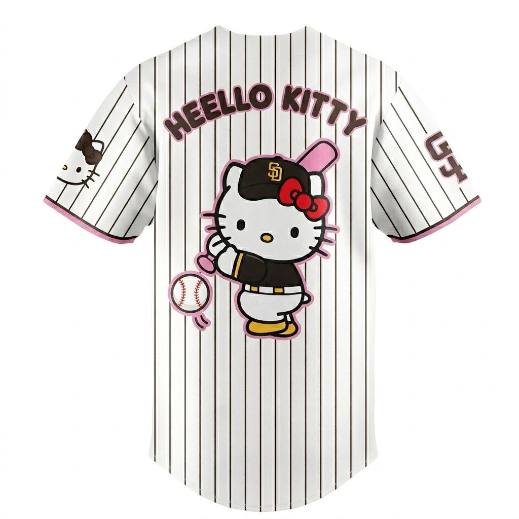 Custom Name - Padres x Hello Kitty Night 2026 Black Stripes Baseball Jersey - All Size