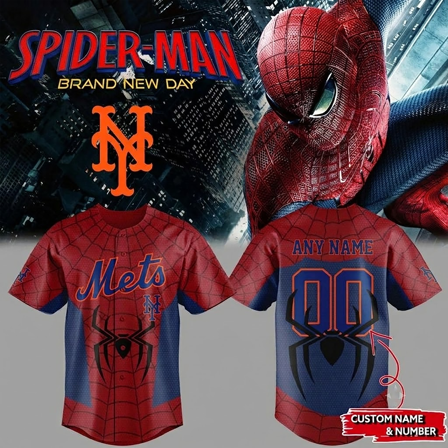 Custom Name - New York Mets x Spider-Man Brand New Day 2026 Baseball Jersey - All Size