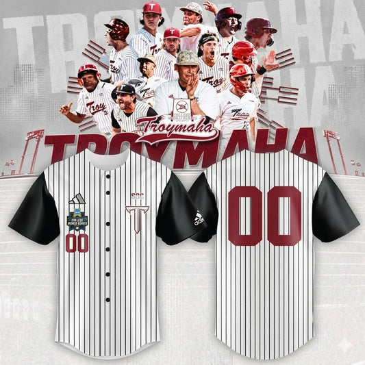 Custom Name - Troy Trojans NCAA College World Series Troymaha Baseball Jersey - All Size