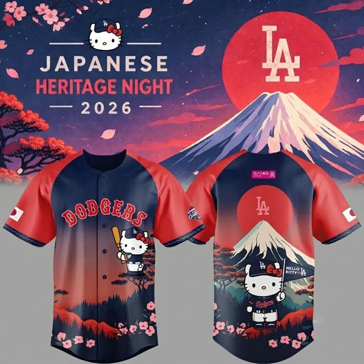 Custom Name - Los Angeles Dodgers x Hello Kitty Japanese Heritage Night 2026 Baseball Jersey - All Size