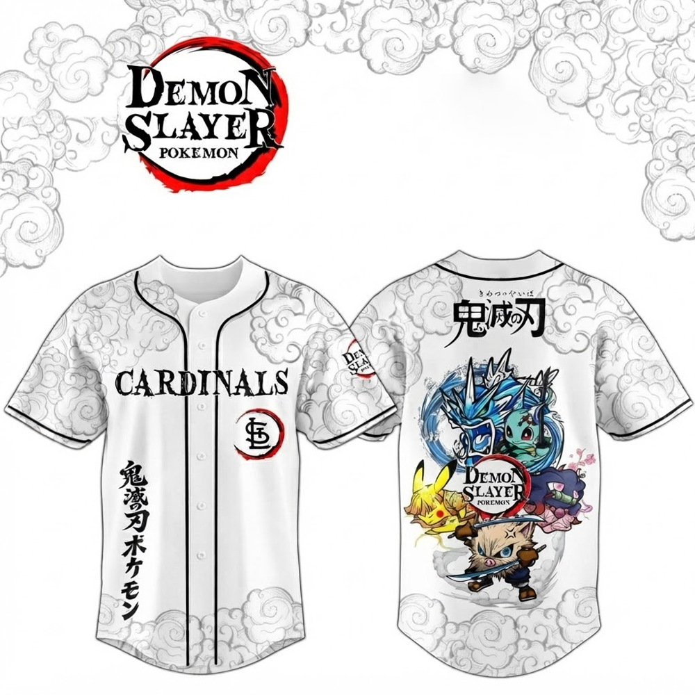 Custom Name - Cardinals x Demon Slayer ft. Pokemon Baseball Jersey - All Size