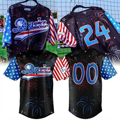 Custom Name - Ducks Celebrating 4th of July 2026 Fireworks Baseball Jersey - All Size